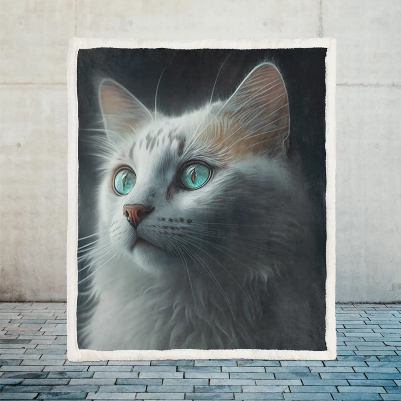 Blue-Eyed Cat Painting on Black Sherpa Fleece Blanket