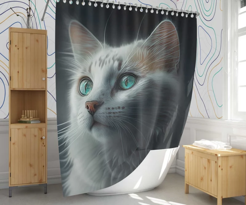 Blue-Eyed Cat Painting on Black Shower Curtain 1