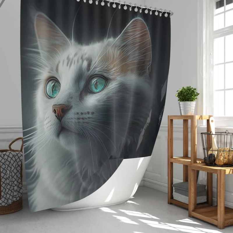 Blue-Eyed Cat Painting on Black Shower Curtain