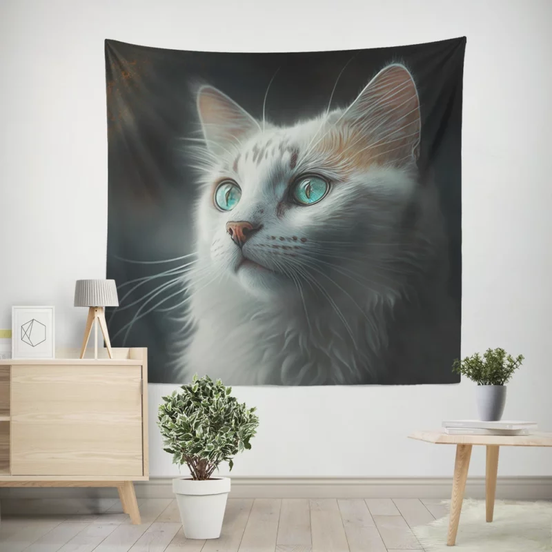 Blue-Eyed Cat Painting on Black Wall Tapestry