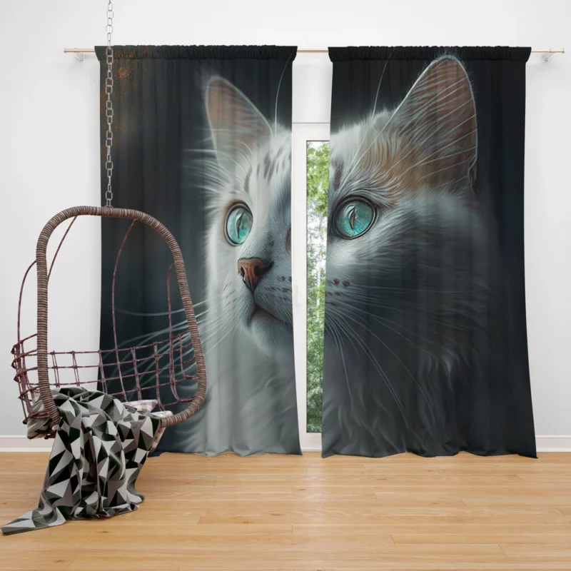 Blue-Eyed Cat Painting on Black Window Curtain