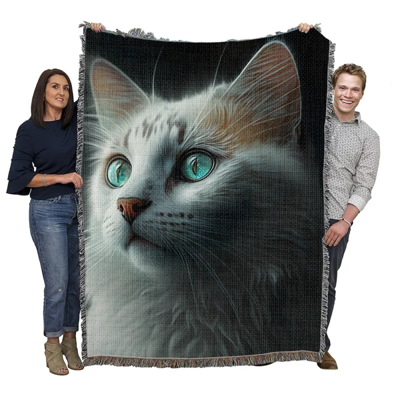 Blue Eyed Cat Painting on Black Woven Blanket