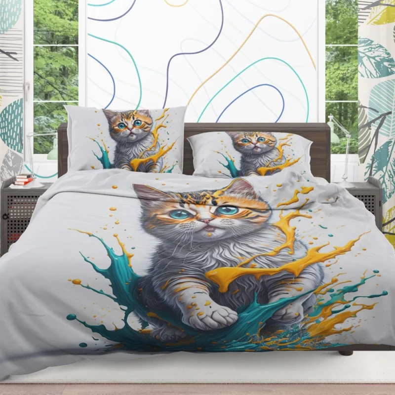 Blue-Eyed Cat Painting with Orange Splashes Bedding Set