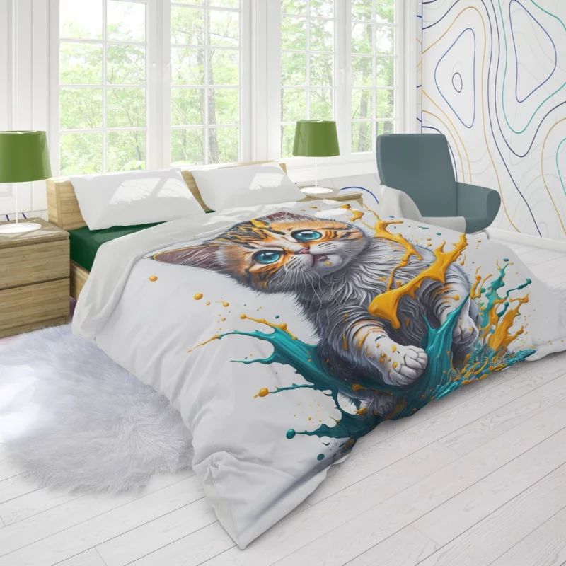 Blue-Eyed Cat Painting with Orange Splashes Duvet Cover