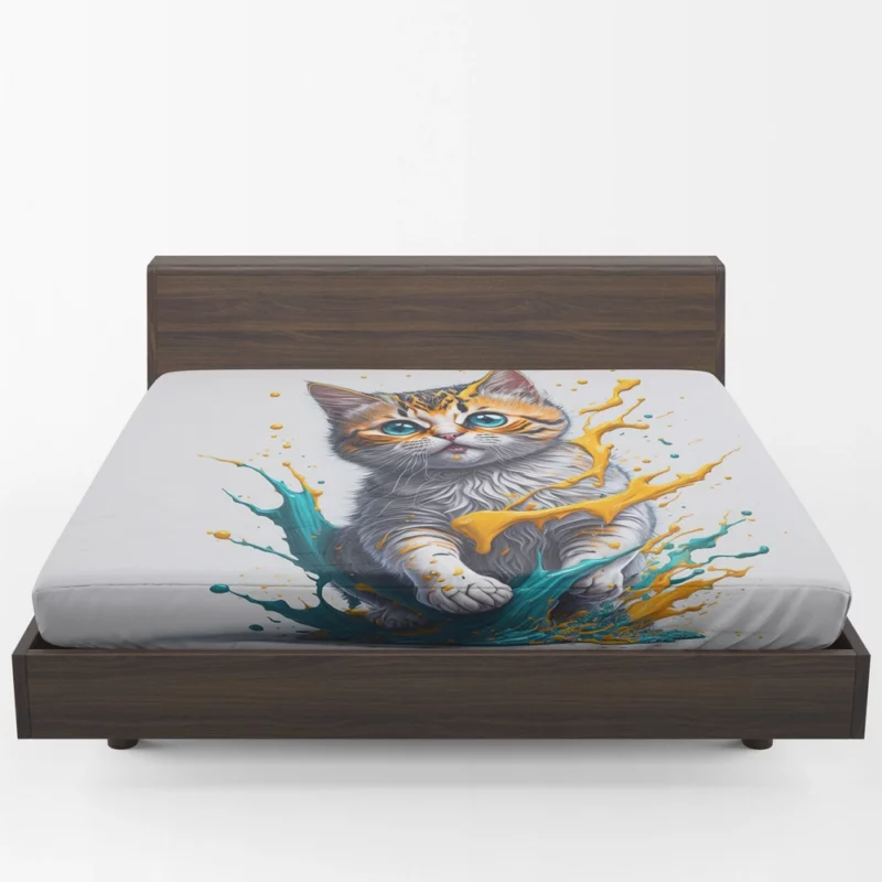 Blue-Eyed Cat Painting with Orange Splashes Fitted Sheet 1