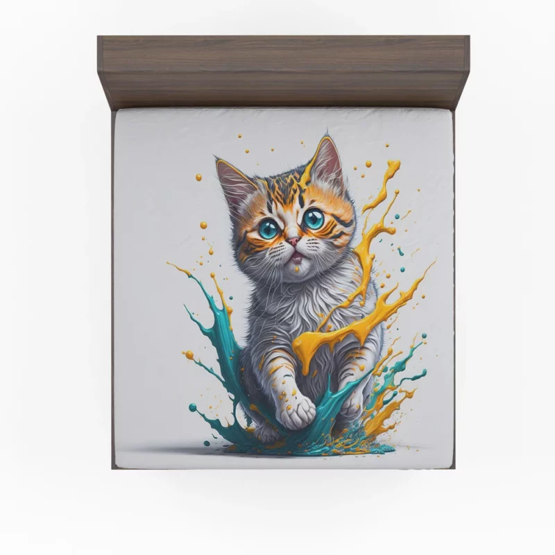 Blue-Eyed Cat Painting with Orange Splashes Fitted Sheet