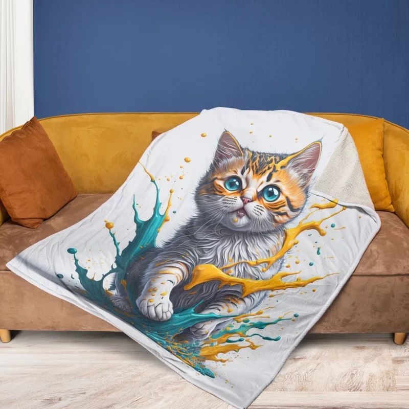 Blue-Eyed Cat Painting with Orange Splashes Fleece Blanket 1