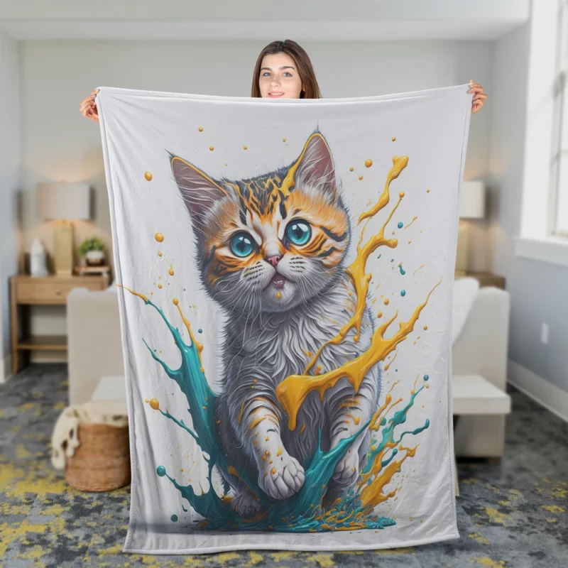 Blue-Eyed Cat Painting with Orange Splashes Fleece Blanket 2