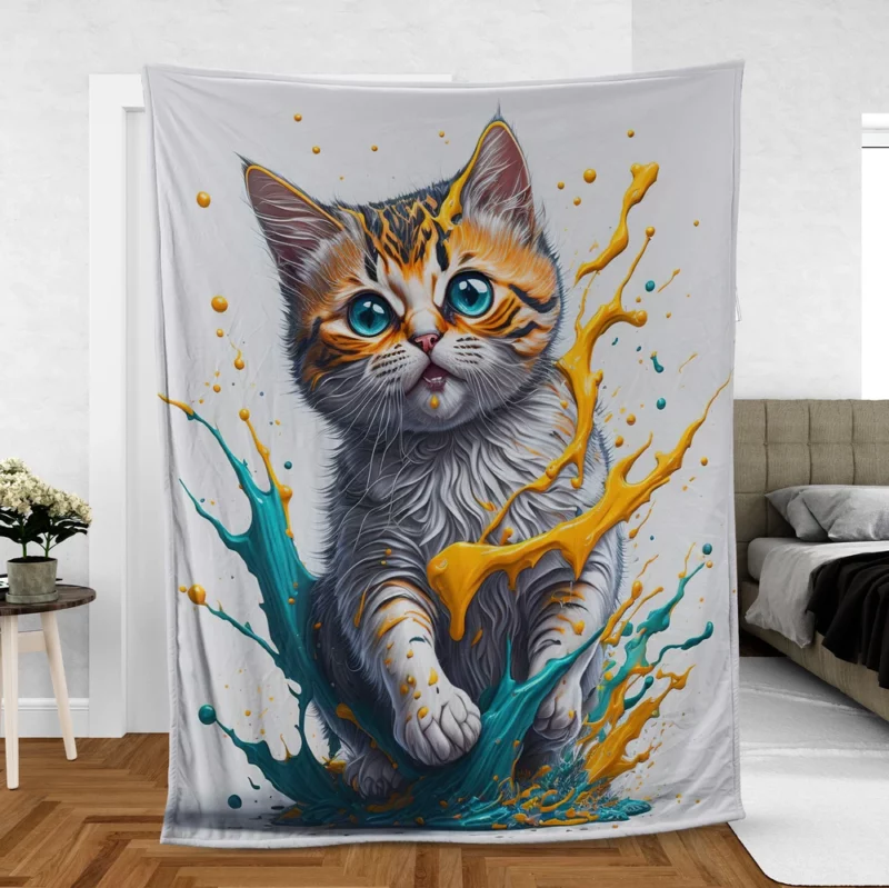 Blue-Eyed Cat Painting with Orange Splashes Fleece Blanket