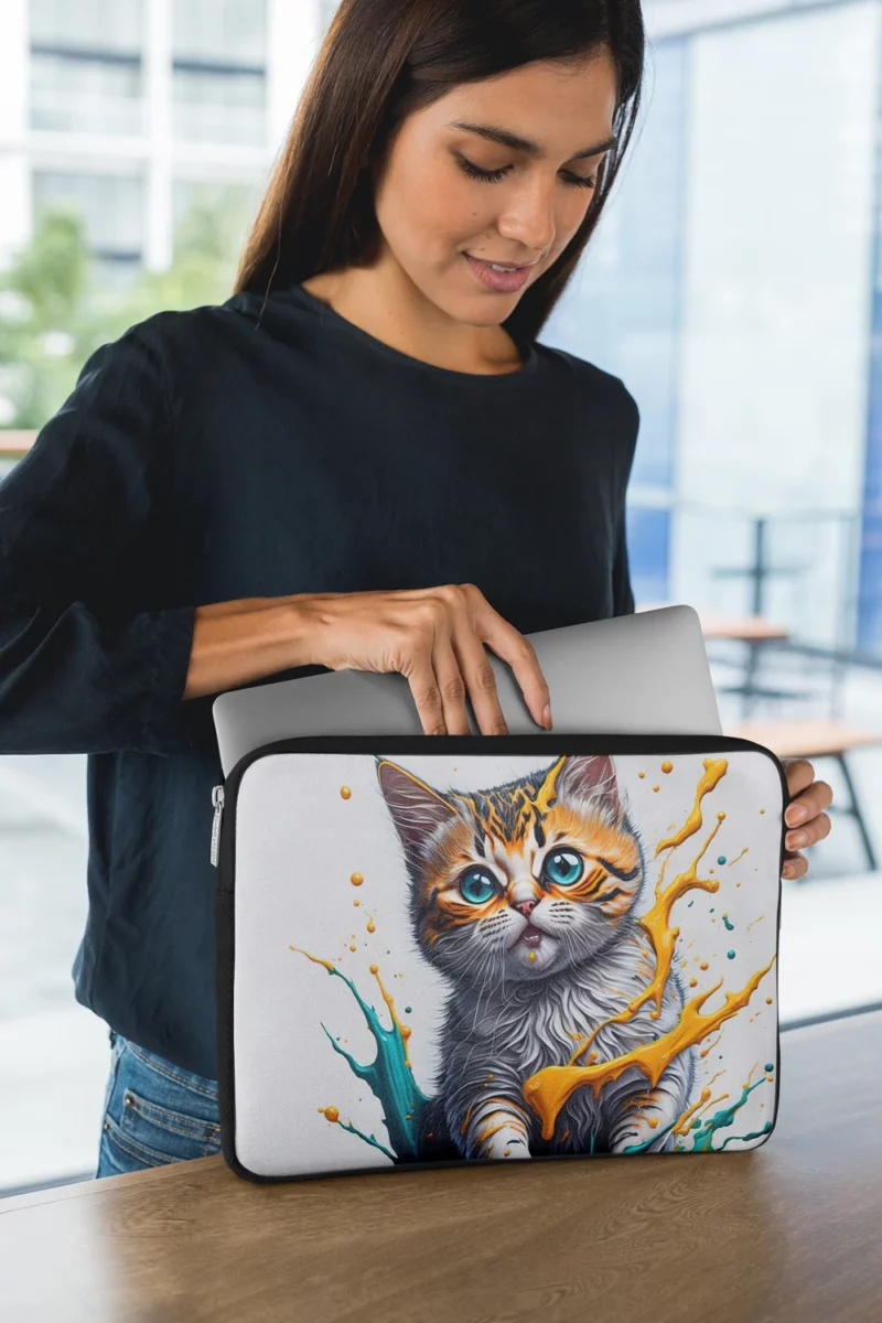 Blue-Eyed Cat Painting with Orange Splashes Laptop Sleeve 1