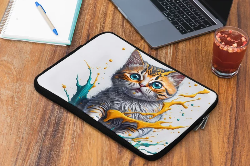 Blue-Eyed Cat Painting with Orange Splashes Laptop Sleeve 2