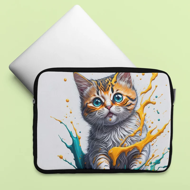 Blue-Eyed Cat Painting with Orange Splashes Laptop Sleeve