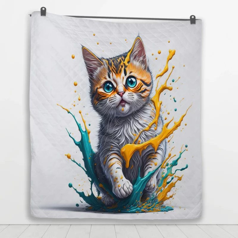 Blue-Eyed Cat Painting with Orange Splashes Quilt Blanket 1