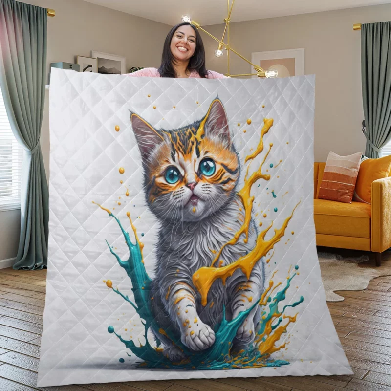 Blue-Eyed Cat Painting with Orange Splashes Quilt Blanket