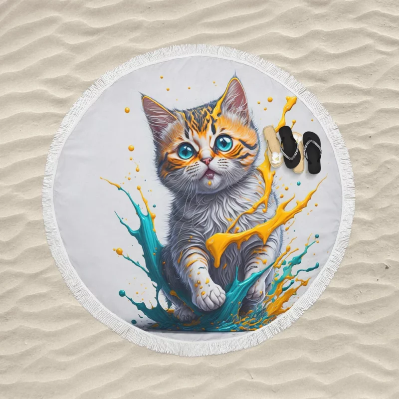 Blue-Eyed Cat Painting with Orange Splashes Round Beach Towel