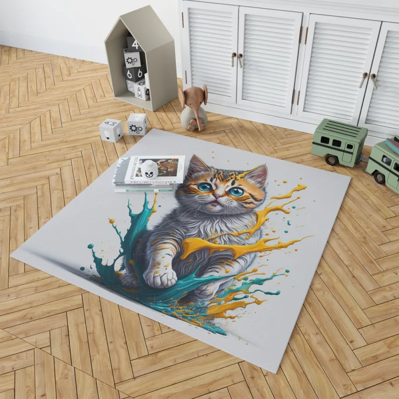 Blue-Eyed Cat Painting with Orange Splashes Rug 1