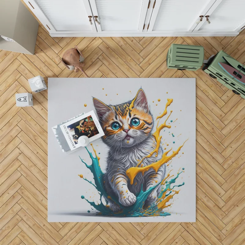 Blue-Eyed Cat Painting with Orange Splashes Rug