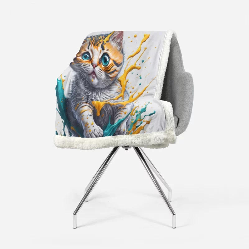 Blue-Eyed Cat Painting with Orange Splashes Sherpa Fleece Blanket 1