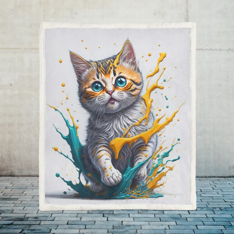 Blue-Eyed Cat Painting with Orange Splashes Sherpa Fleece Blanket