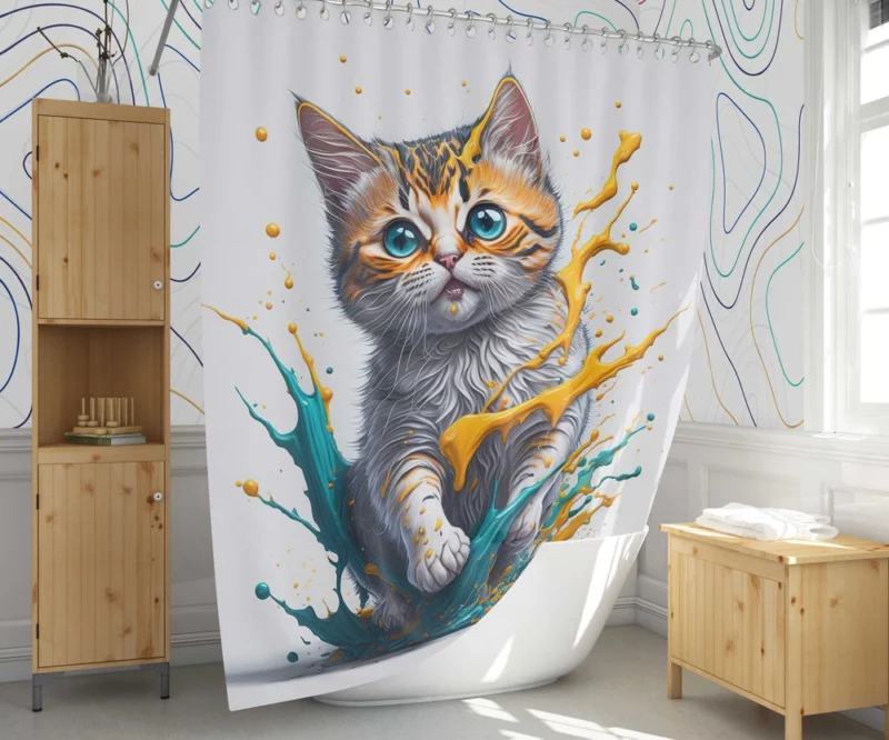 Blue-Eyed Cat Painting with Orange Splashes Shower Curtain 1