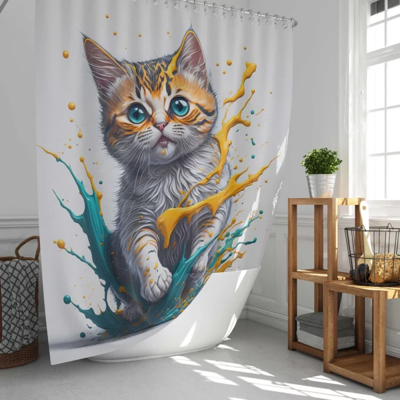 Blue-Eyed Cat Painting with Orange Splashes Shower Curtain