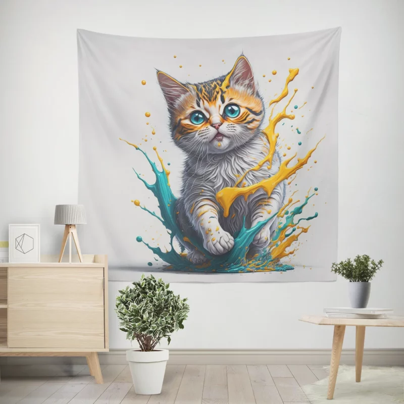 Blue-Eyed Cat Painting with Orange Splashes Wall Tapestry