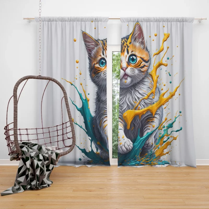 Blue-Eyed Cat Painting with Orange Splashes Window Curtain