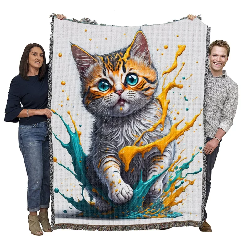 Blue Eyed Cat Painting with Orange Splashes Woven Blanket