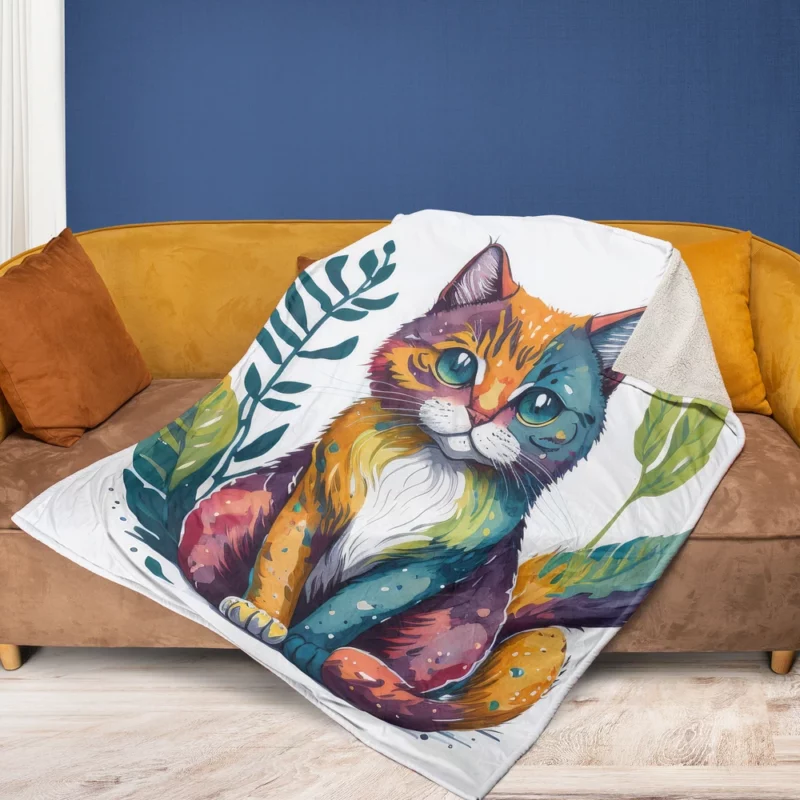 Blue-Eyed Cat Sitting in Grass Fleece Blanket 1