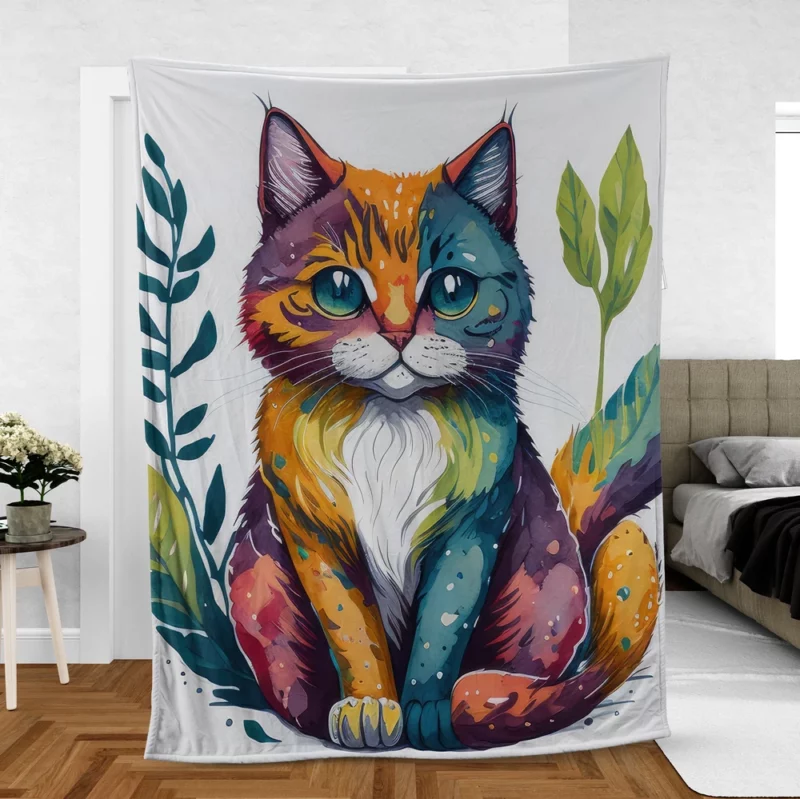 Blue-Eyed Cat Sitting in Grass Fleece Blanket