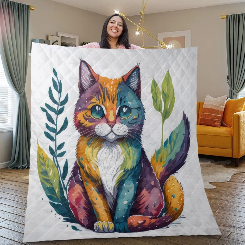 Blue-Eyed Cat Sitting in Grass Quilt Blanket