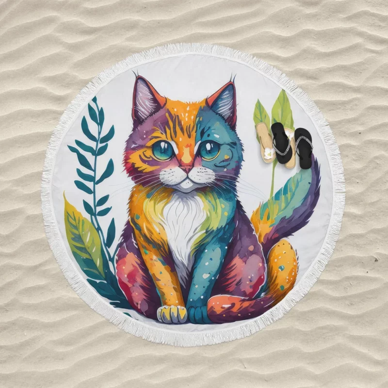 Blue-Eyed Cat Sitting in Grass Round Beach Towel