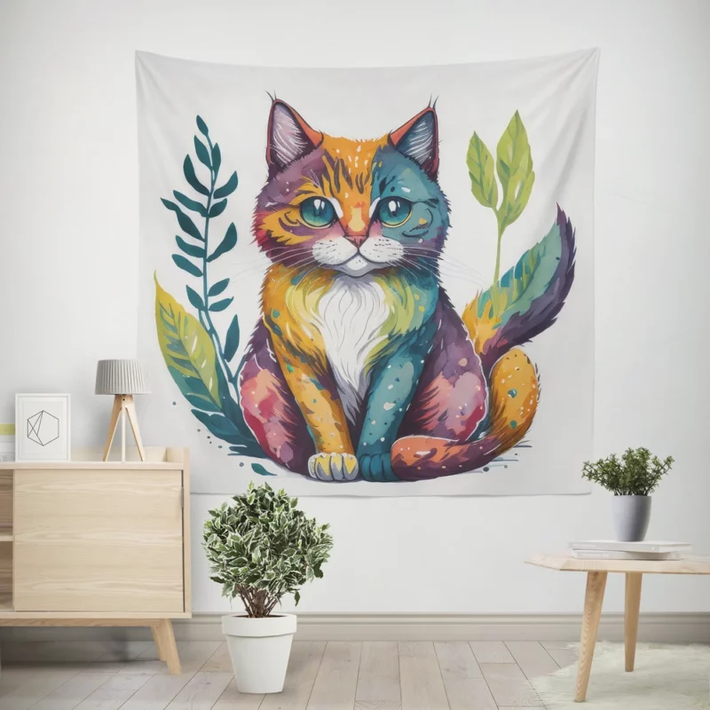 Blue-Eyed Cat Sitting in Grass Wall Tapestry