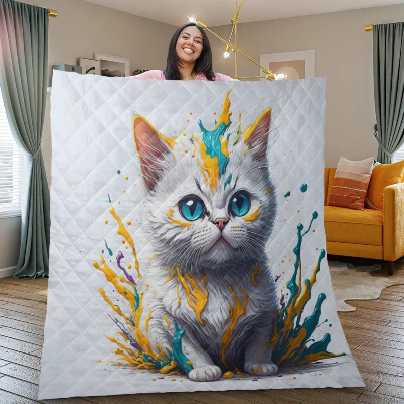 Blue-Eyed Cat Sitting in Hole Quilt Blanket