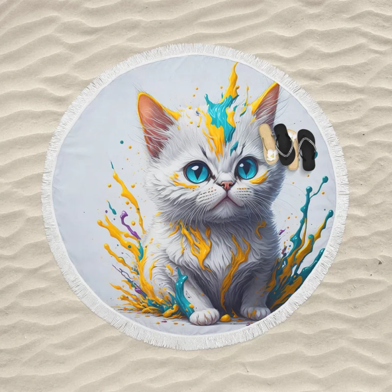 Blue-Eyed Cat Sitting in Hole Round Beach Towel