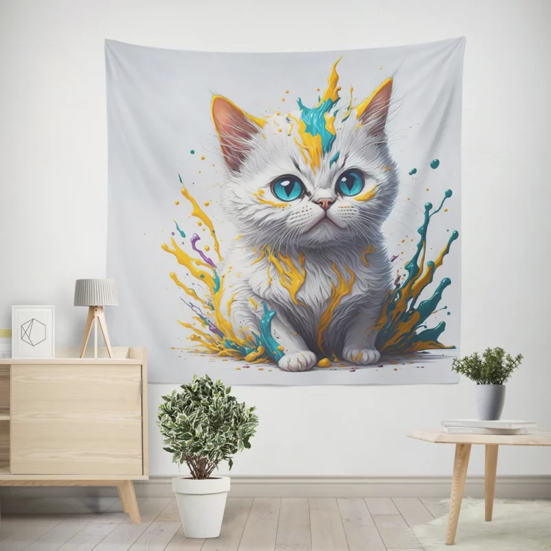 Blue-Eyed Cat Sitting in Hole Wall Tapestry