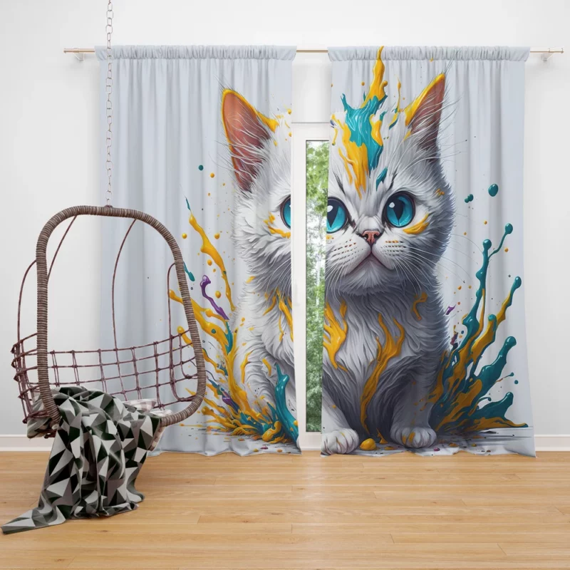 Blue-Eyed Cat Sitting in Hole Window Curtain