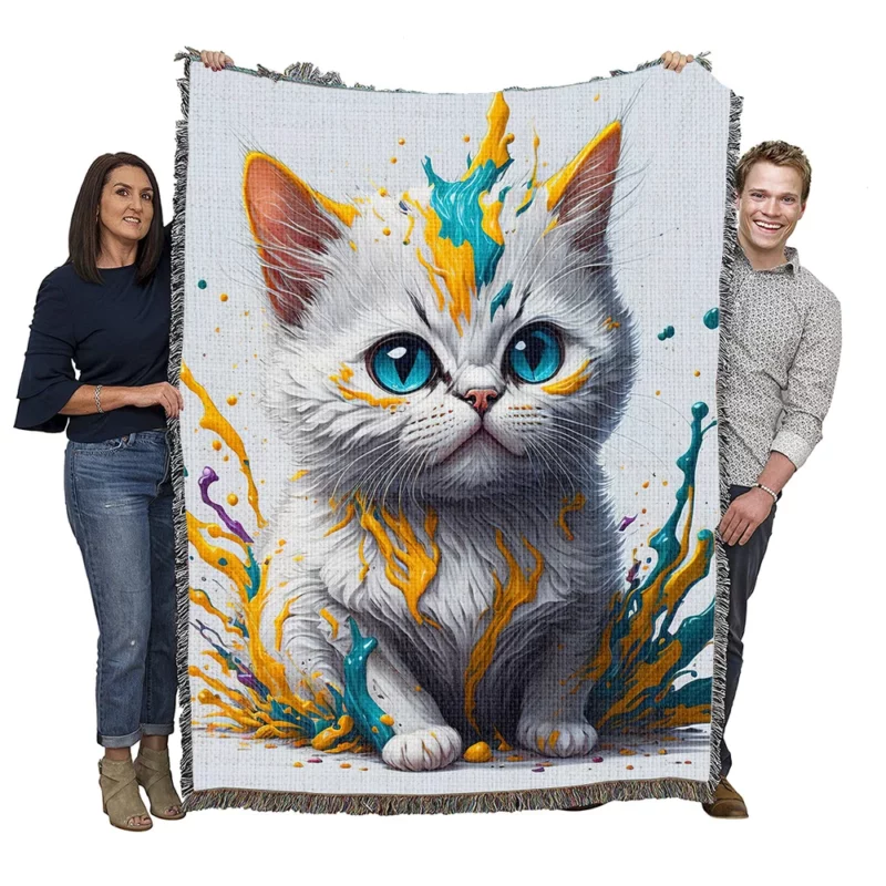 Blue Eyed Cat Sitting in Hole Woven Blanket