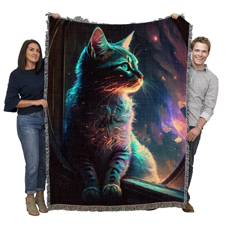 Blue Eyed Cat Stargazing Woven Blanket