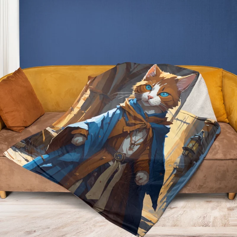 Blue-Eyed Cat with Blue Collar Fleece Blanket 1