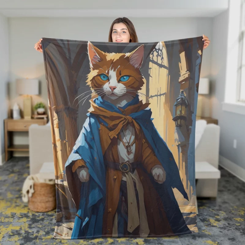 Blue-Eyed Cat with Blue Collar Fleece Blanket 2