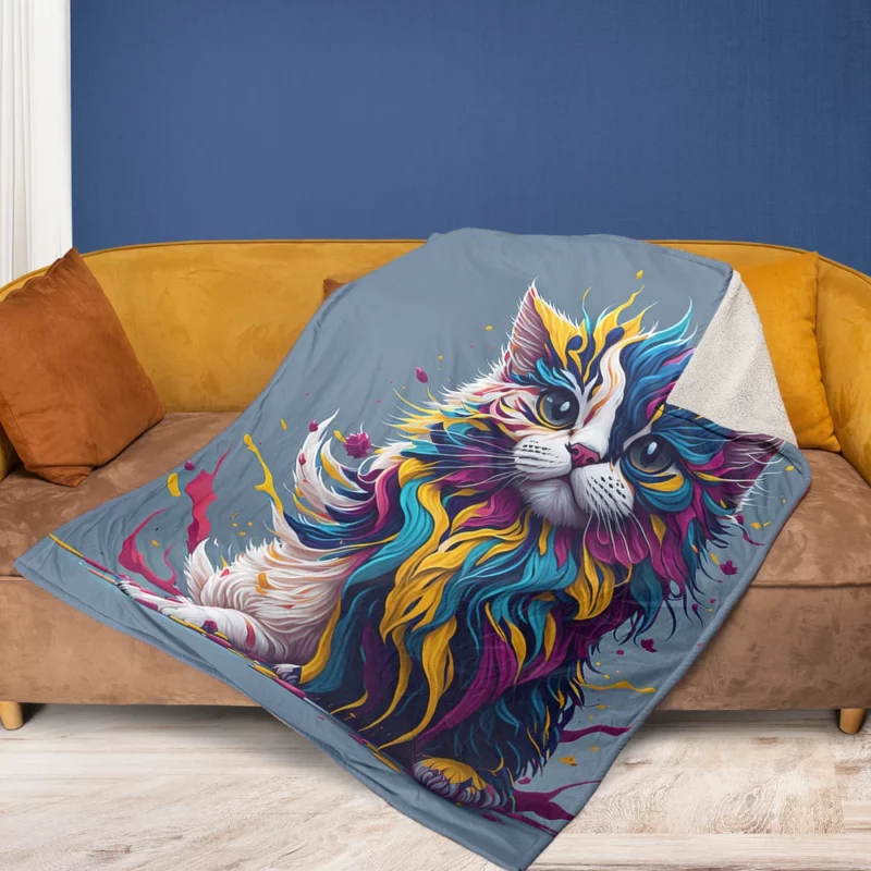 Blue-Eyed Cat with Colorful Head Fleece Blanket 1