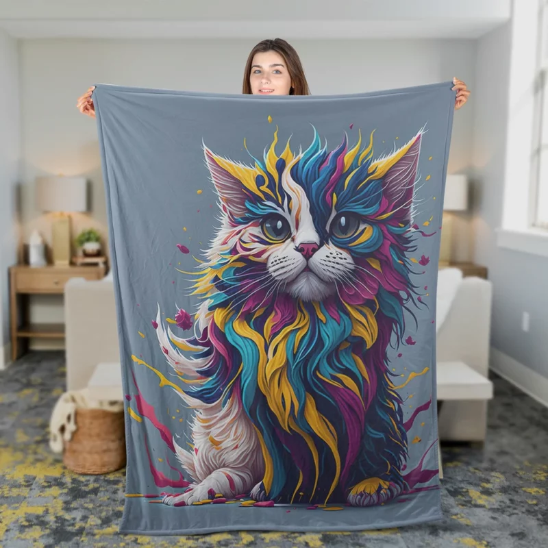 Blue-Eyed Cat with Colorful Head Fleece Blanket 2