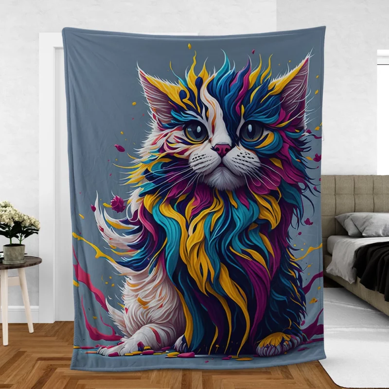 Blue-Eyed Cat with Colorful Head Fleece Blanket