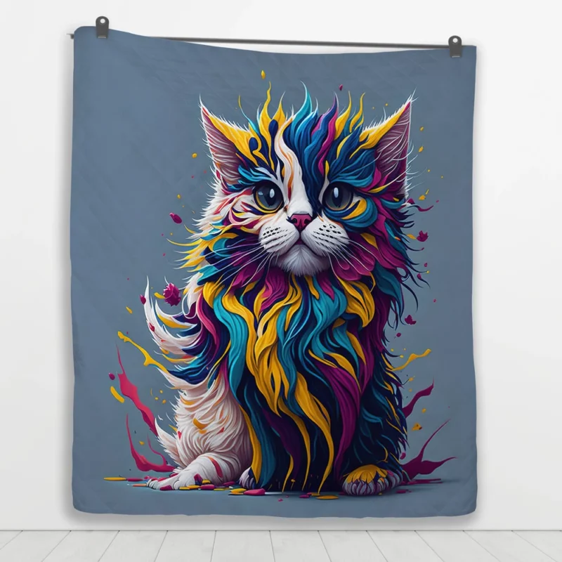 Blue-Eyed Cat with Colorful Head Quilt Blanket 1