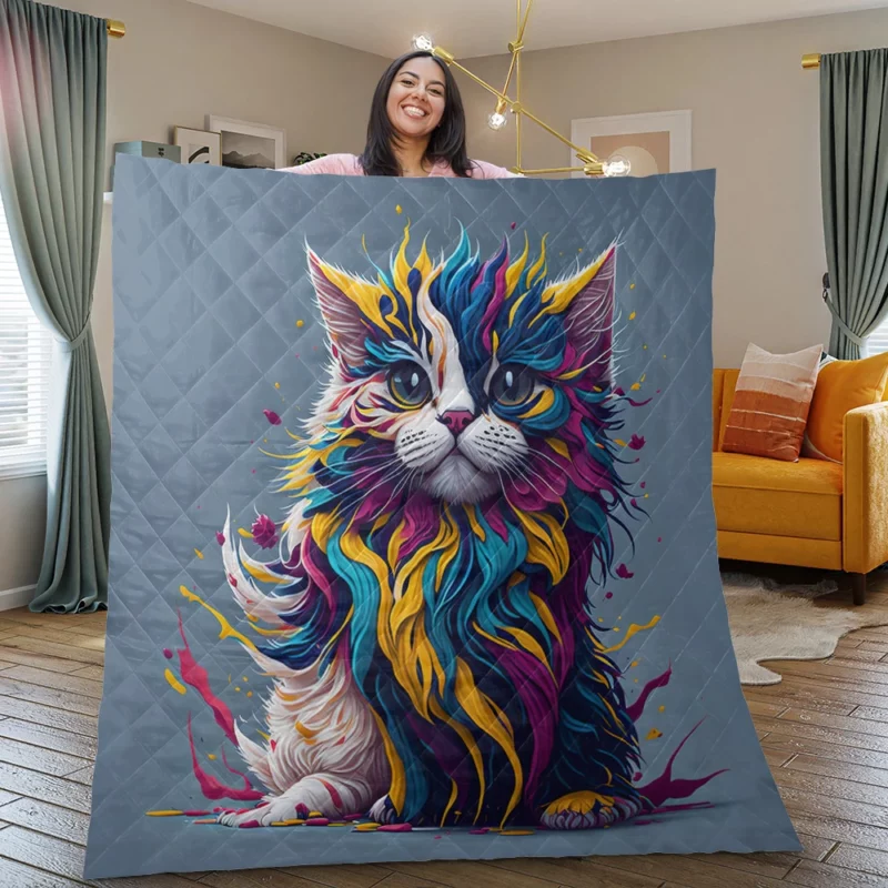 Blue-Eyed Cat with Colorful Head Quilt Blanket