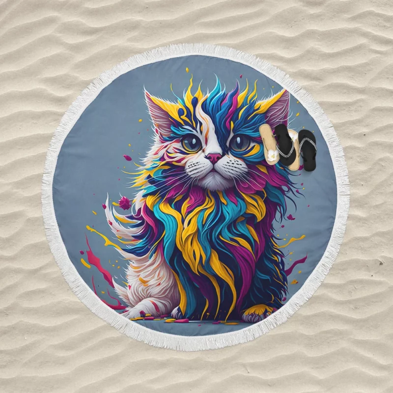 Blue-Eyed Cat with Colorful Head Round Beach Towel