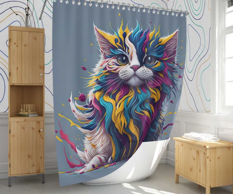 Blue-Eyed Cat with Colorful Head Shower Curtain 1