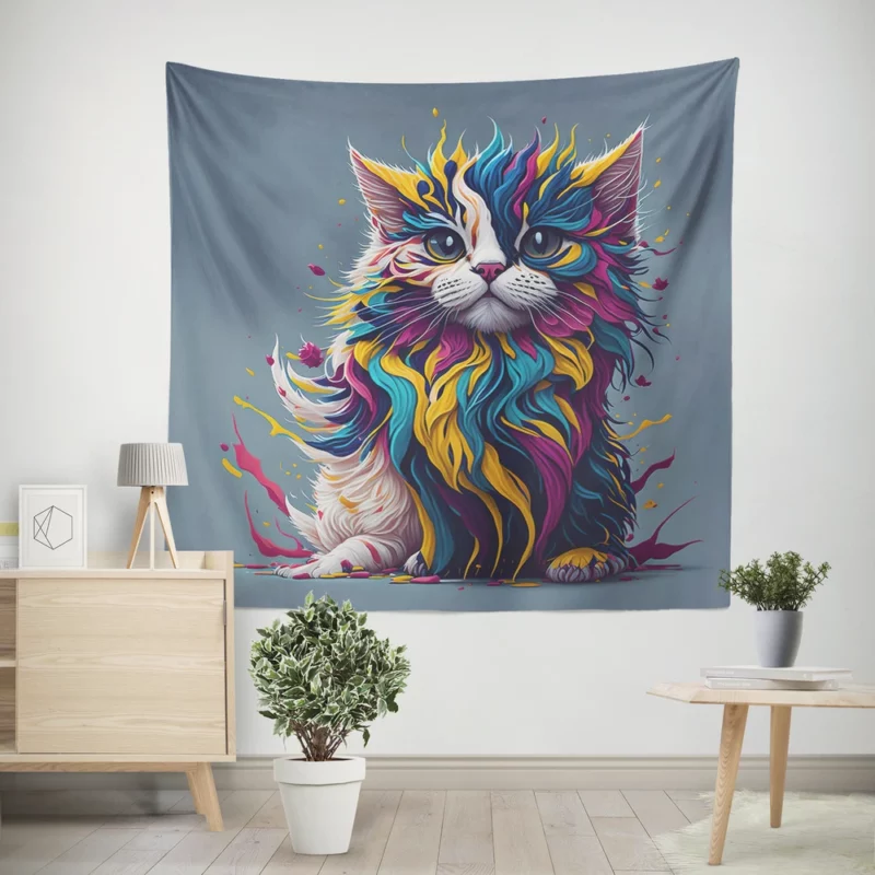 Blue-Eyed Cat with Colorful Head Wall Tapestry