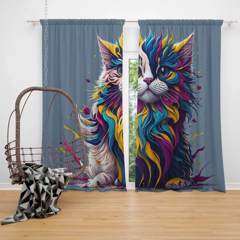 Blue-Eyed Cat with Colorful Head Window Curtain